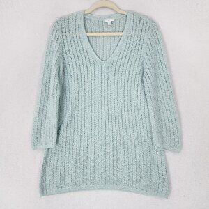 J Jill Sweater Womens Medium Blue Open Knit V Neck Tunic 3/4 Sleeve Cotton